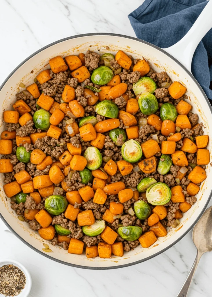 Ground beef and sweet potatoes skillet with Brussels sprouts and carrots in white enamel pan