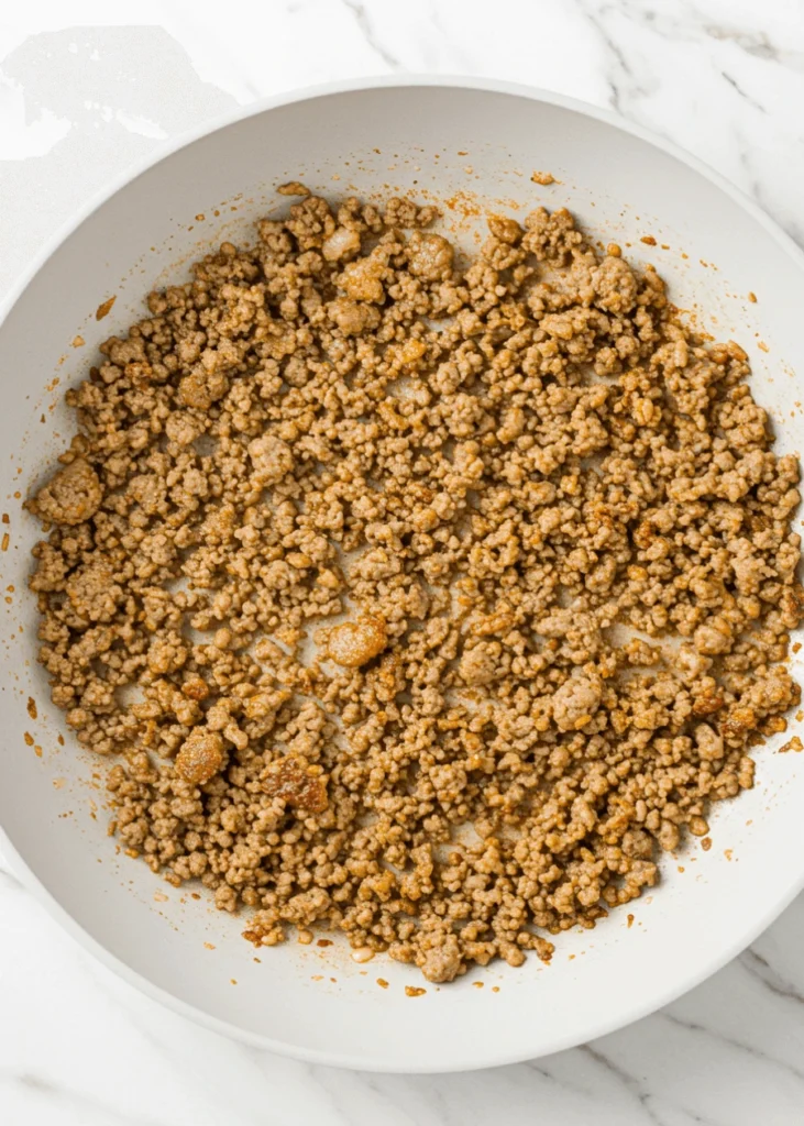 Seasoned ground beef cooking in white skillet with visible spices on marble countertop
