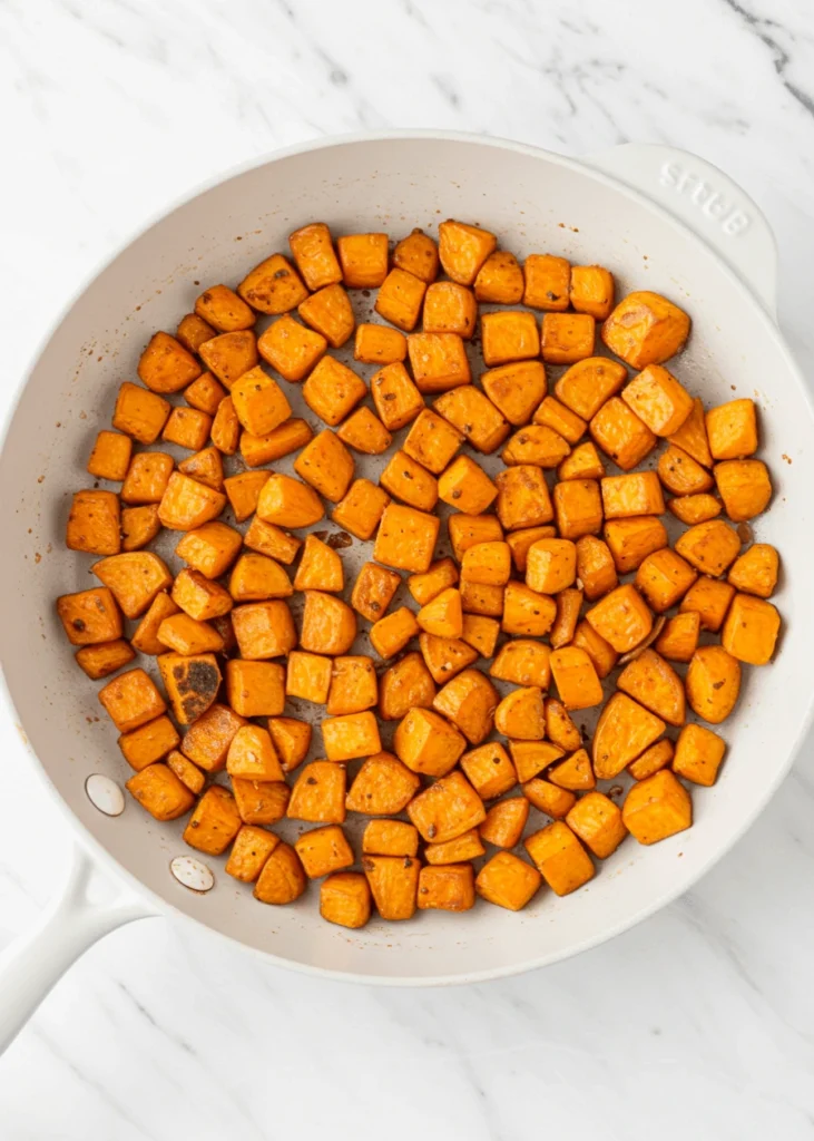 Caramelized sweet potato cubes sautéing in white skillet showing golden-brown edges