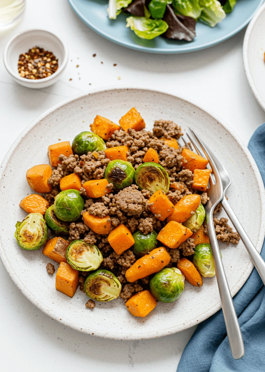 Ground beef and sweet potatoes with Brussels sprouts served on white speckled plate with fork