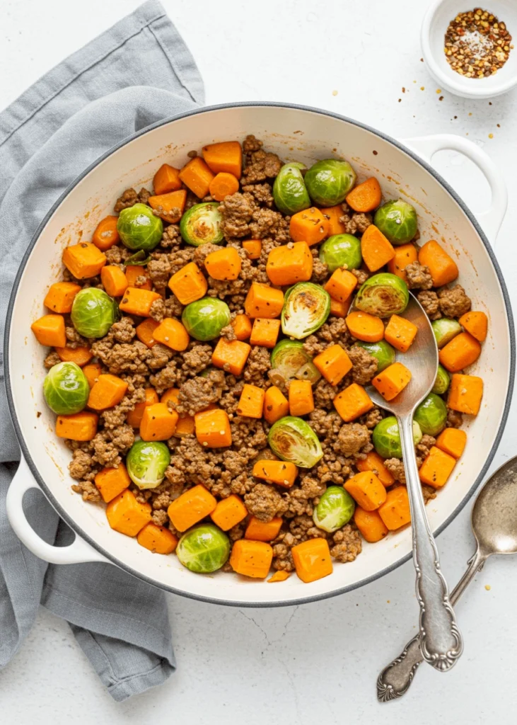 Ground beef sweet potato skillet with Brussels sprouts and carrots in white enamel pan with serving spoon