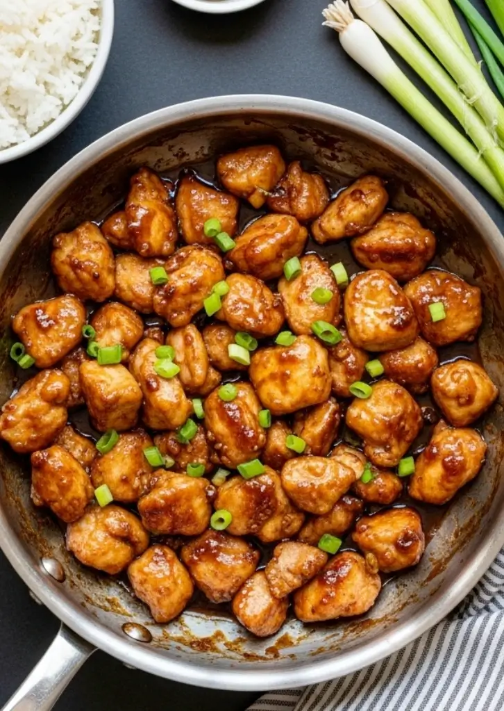 Honey garlic chicken easy recipe in skillet with green onions
