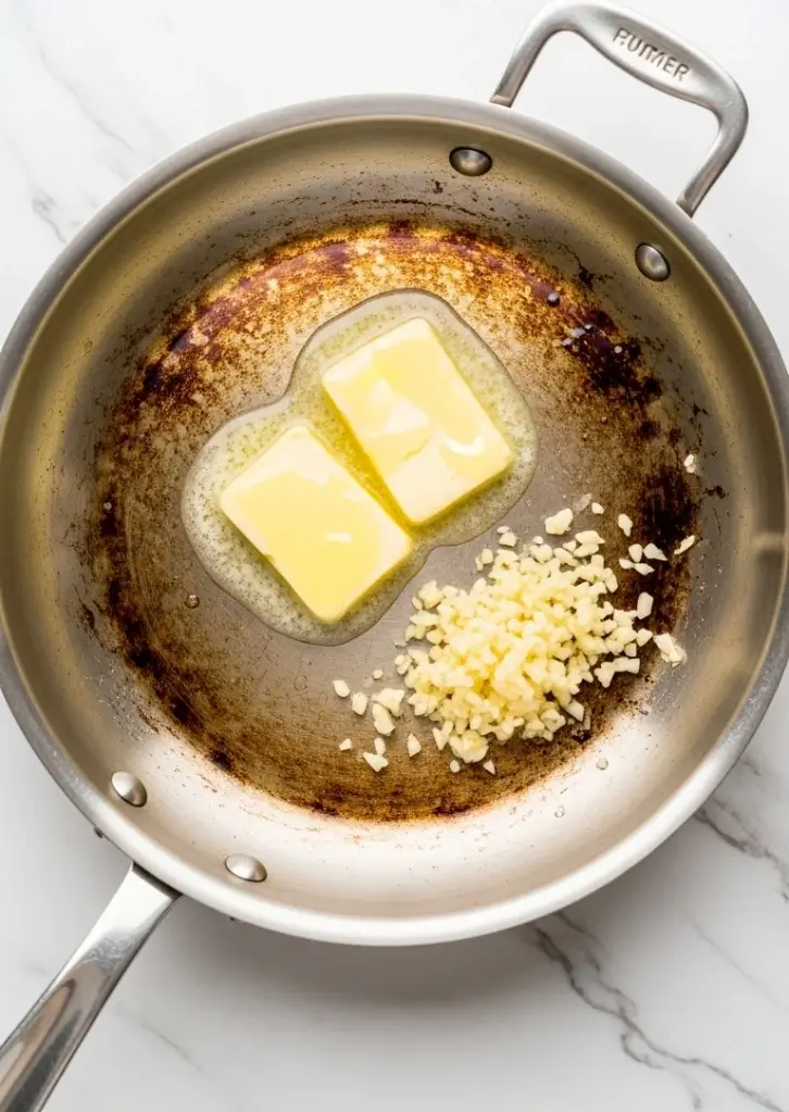 Butter and garlic in skillet for honey garlic sauce