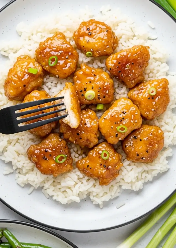 Final dish of honey garlic chicken on rice with black pepper