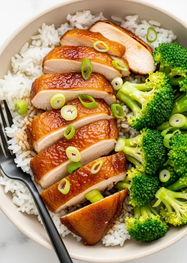 Sliced Express Teriyaki Chicken breast served with steamed broccoli and rice in a bowl