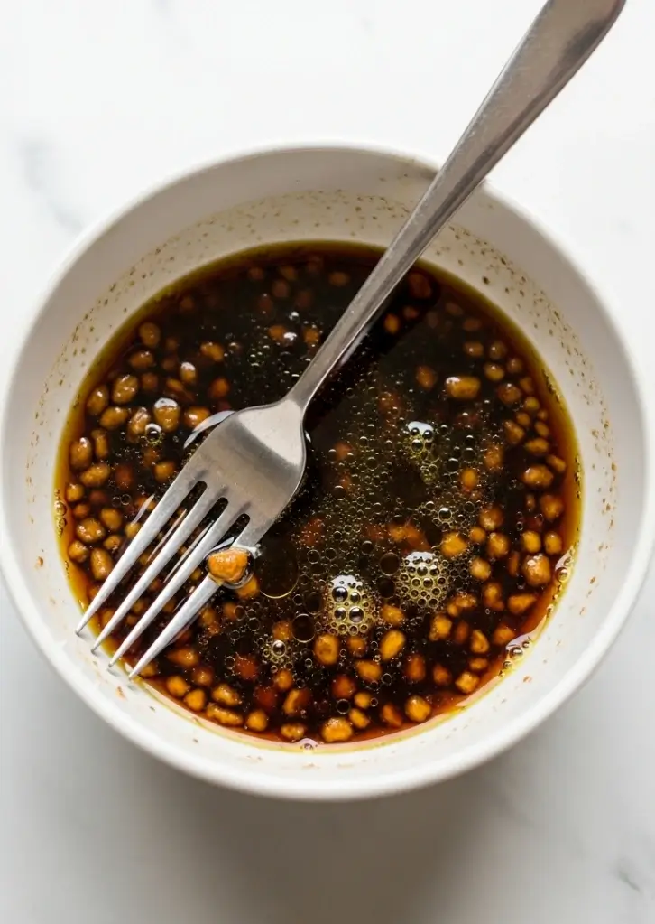 Teriyaki chicken marinade with minced garlic in a white bowl with a fork