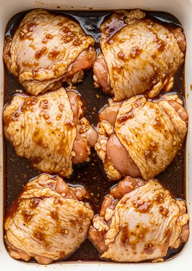Raw chicken thighs marinating in homemade teriyaki sauce in a white dish