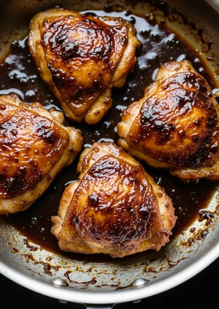 Caramelized teriyaki chicken thighs in skillet with thickened glaze
