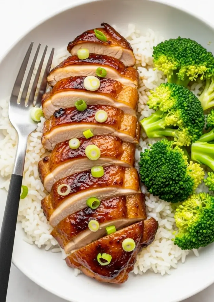 Sliced teriyaki chicken breast with rice and broccoli in a white bowl