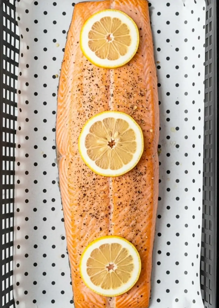 Raw lemon herb salmon filet topped with lemon slices in air fryer basket