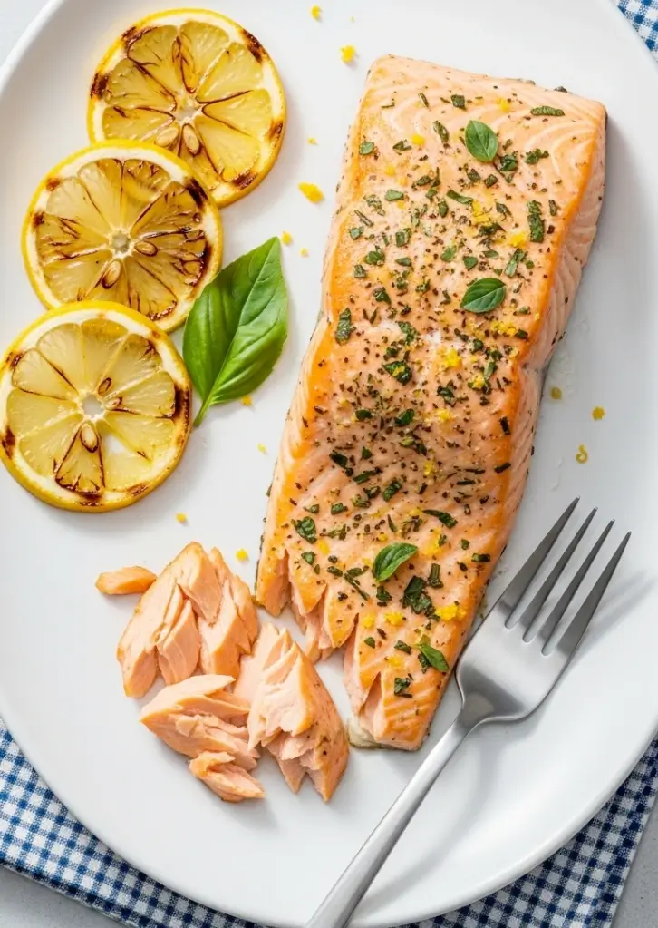 Flaked lemon herb air fryer salmon served with grilled lemon slices