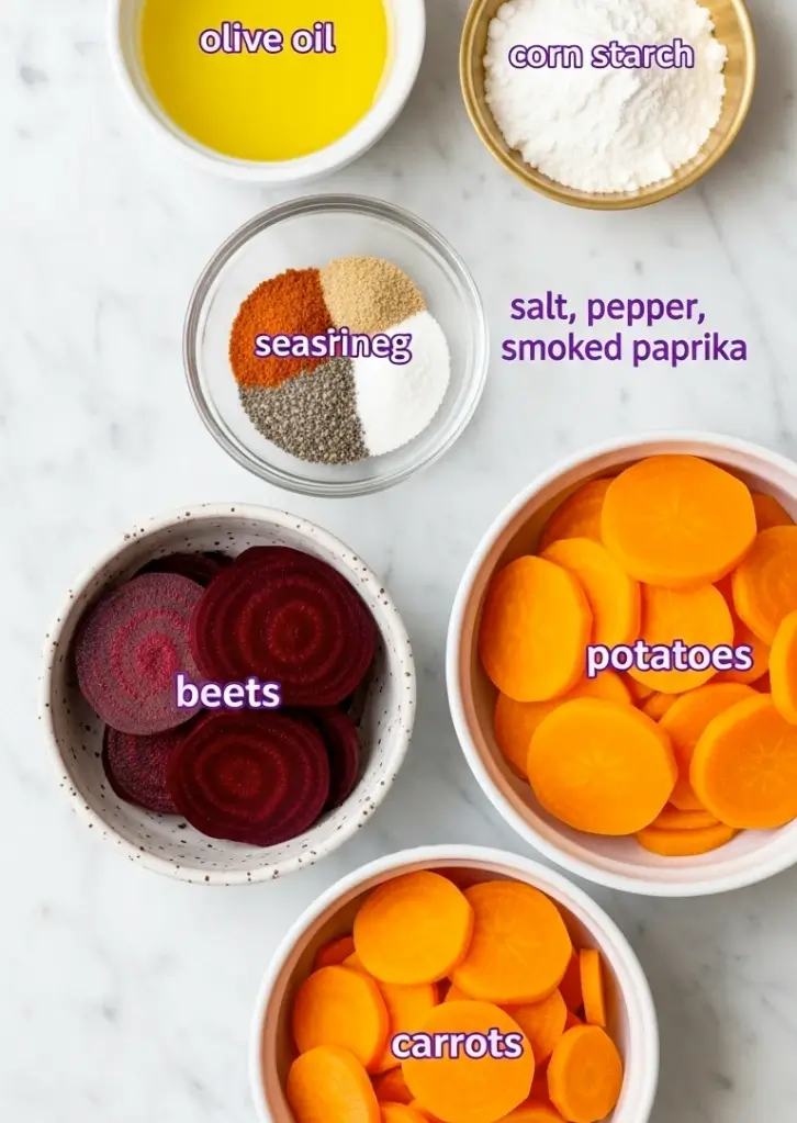 Ingredients for air fryer veggie chips including olive oil, cornstarch, spices, beets, potatoes, and carrots