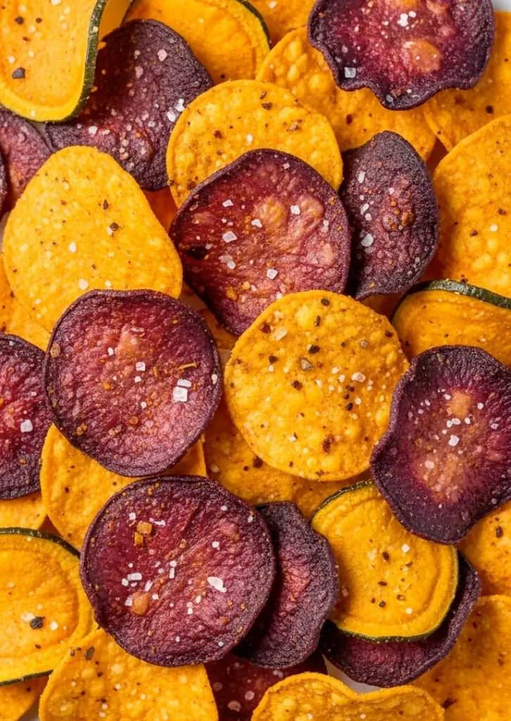 Crispy air fryer veggie chips made from sweet potatoes and beets