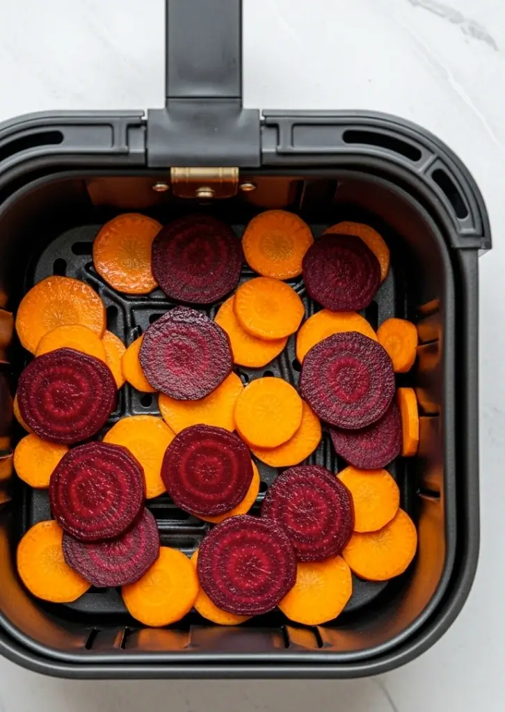 Sliced beets and carrots arranged in an air fryer basket for veggie chips
