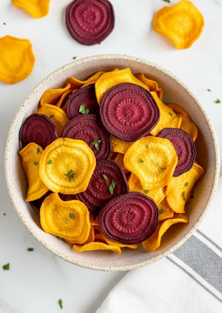 Bowl of air fryer veggie chips made with golden beets and red beets