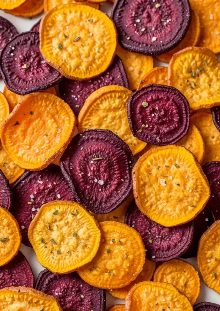 Close-up of seasoned air fryer veggie chips made with beets and sweet potatoes