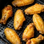 Crispy air fryer chicken wings cooking in a single layer inside the air fryer basket