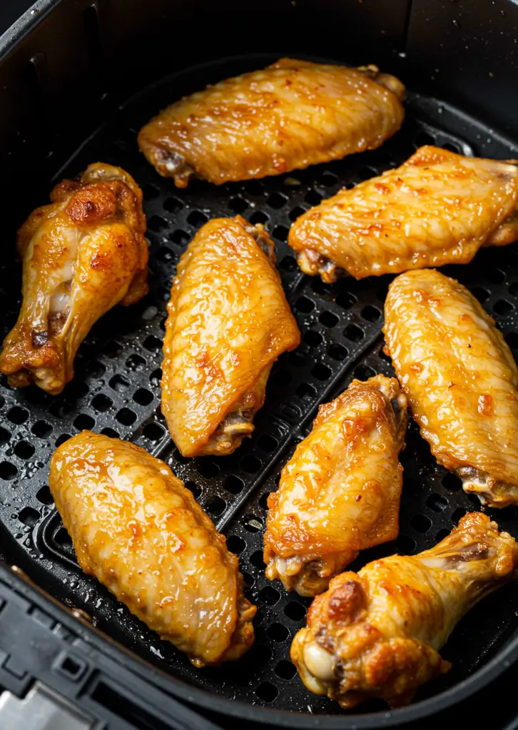 Crispy air fryer chicken wings cooking in a single layer inside the air fryer basket