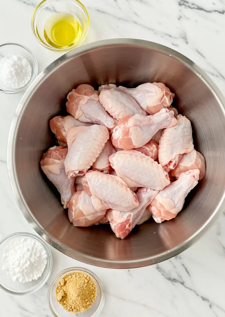 Raw chicken wings with seasoning ingredients in bowls on a marble countertop