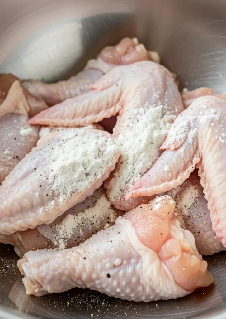Raw chicken wings sprinkled with baking powder, salt, and pepper in a mixing bowl