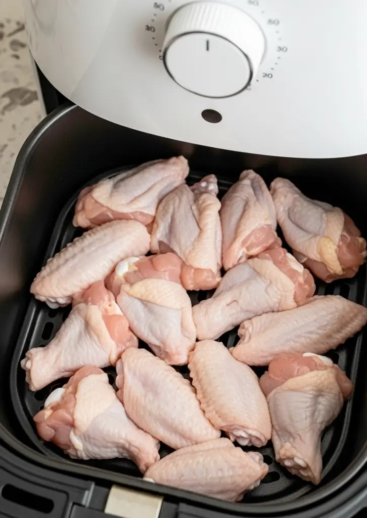 Raw chicken wings arranged in a single layer inside an air fryer basket before cooking