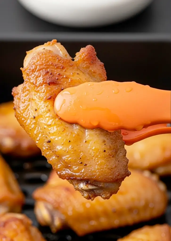 Crispy air fryer chicken wing held with orange tongs over a tray of cooked wings