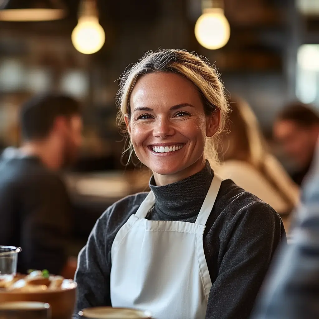 Chef Sarah smiling in restaurant wearing dark top and white apron