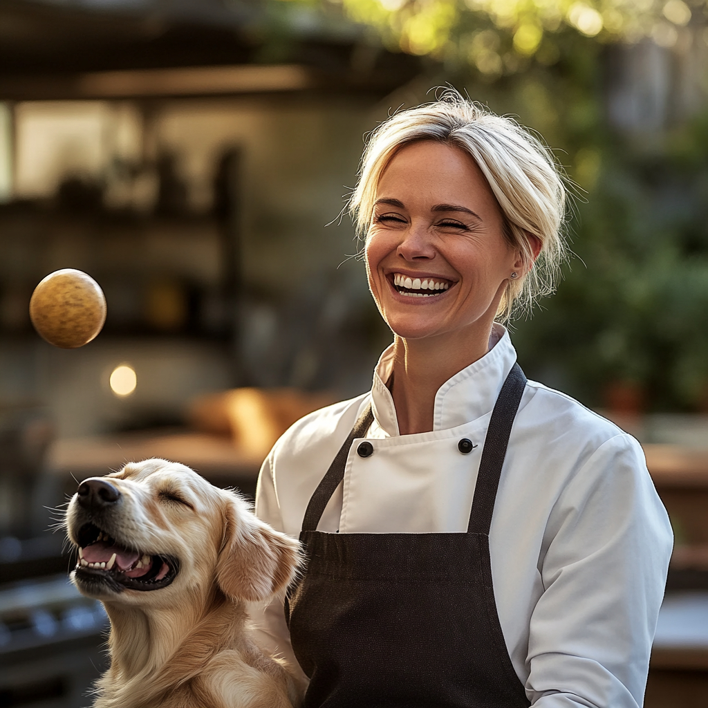 Chef Sarah smiling with golden retriever dog in white chef coat and black apron in modern kitchen