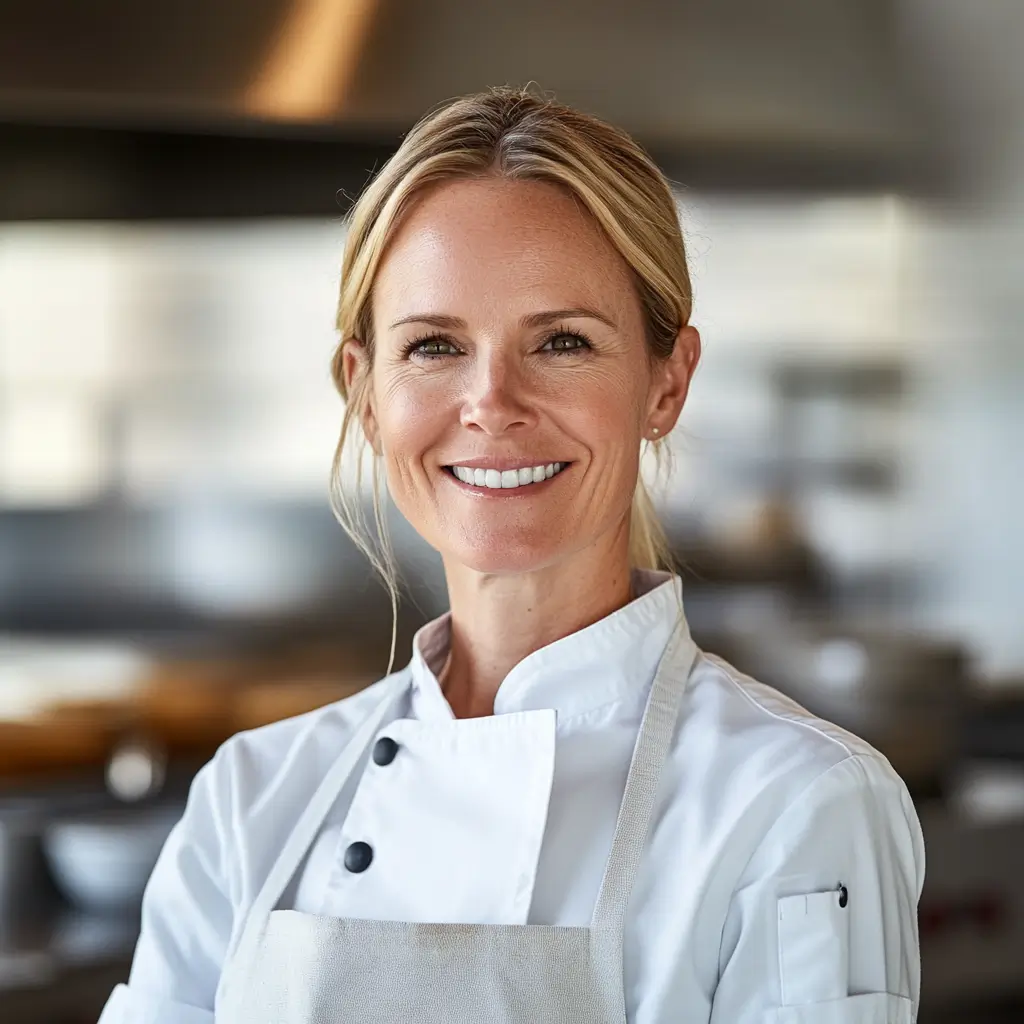 Chef Sarah smiling in white uniform and apron in professional kitchen