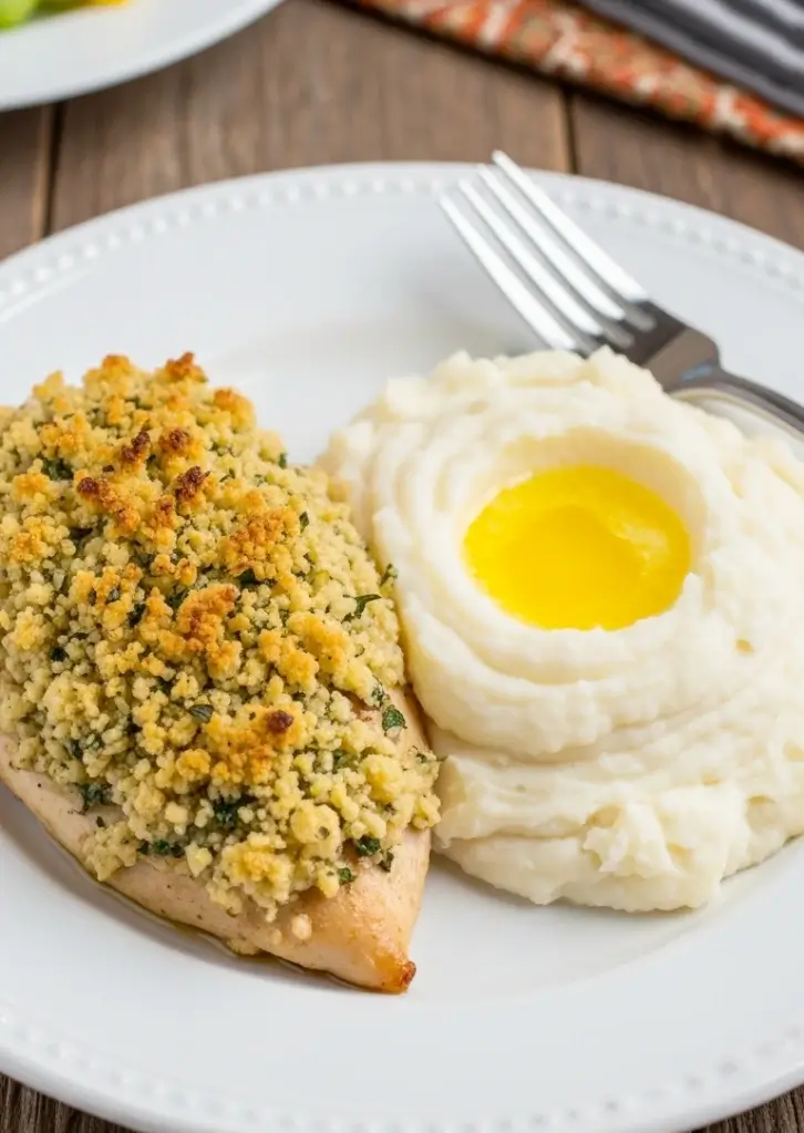 Longhorn Parmesan Crusted Chicken served with mashed potatoes and butter
