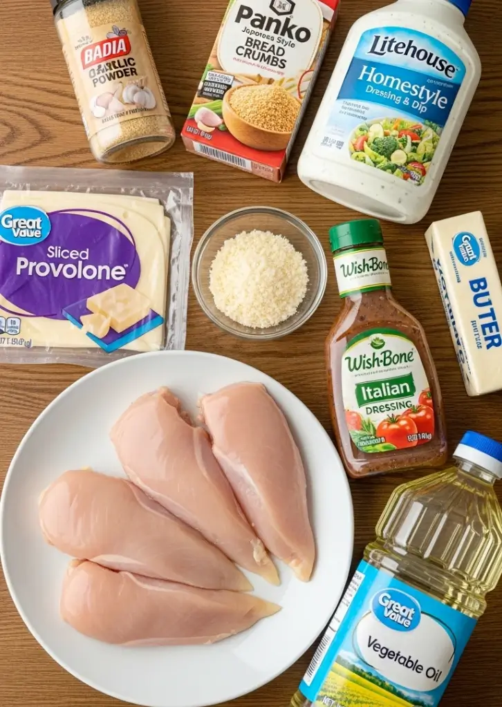 Ingredients for Longhorn Parmesan Crusted Chicken including chicken breasts, cheese, breadcrumbs, and dressings