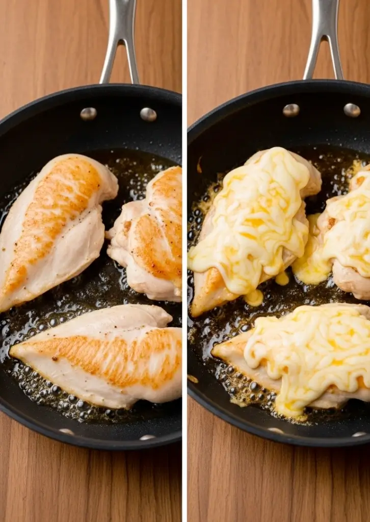 Chicken breasts in skillet before and after adding melted cheese topping