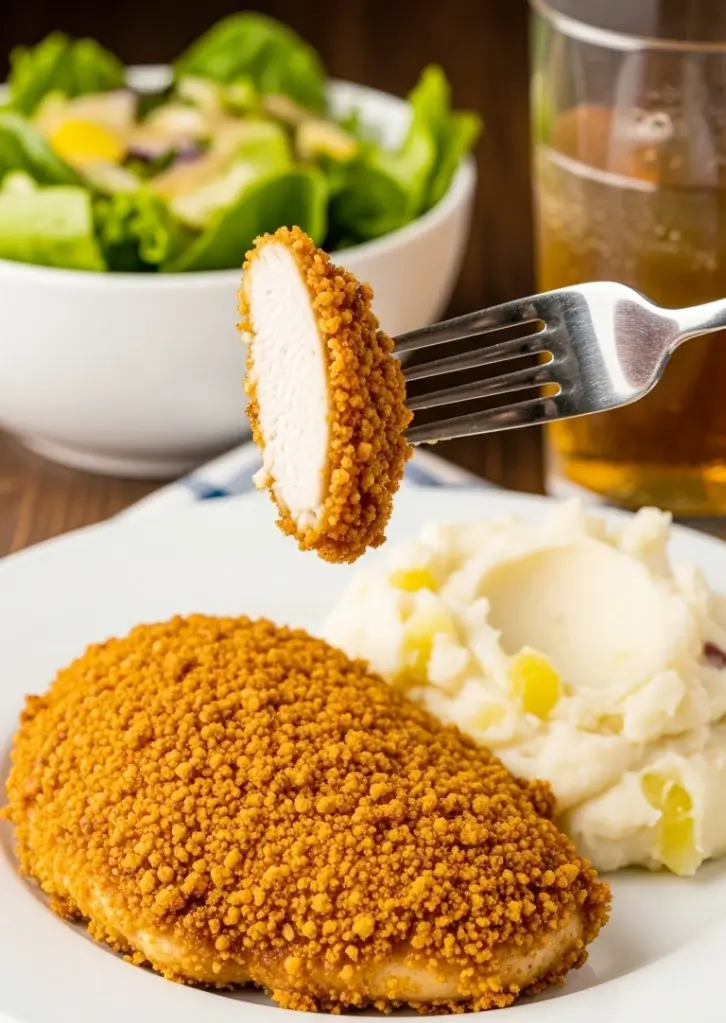 Crispy parmesan crusted chicken breast served with mashed potatoes and salad