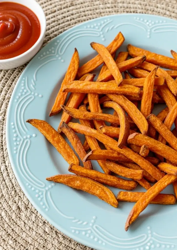 Crispy air fryer Alexia sweet potato fries served with ketchup on a blue plate