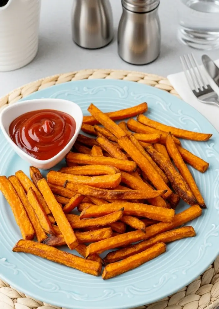 Hot and crispy Alexia sweet potato fries with ketchup in white sauce dish