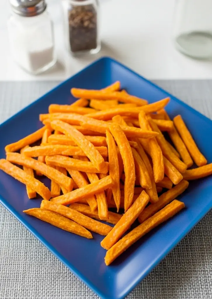 Frozen sweet potato fries on a blue plate with salt and pepper in background