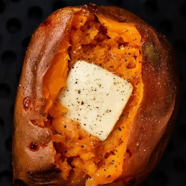 Crispy air fryer baked sweet potato close-up