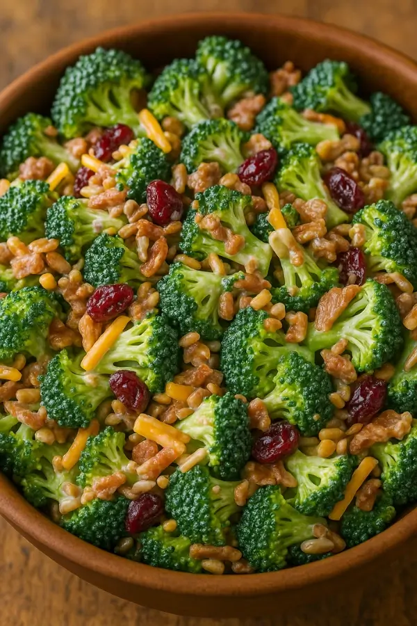 Broccoli salad with cranberries, bacon, and cheddar in a wooden bowl