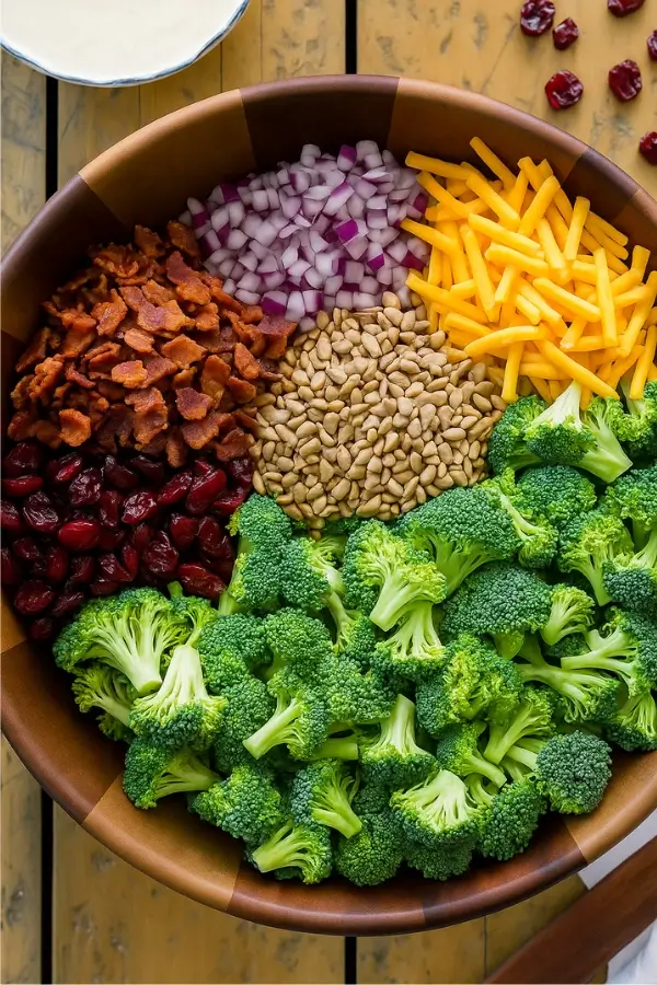 Broccoli salad ingredients including bacon, onion, cheese, seeds, and cranberries