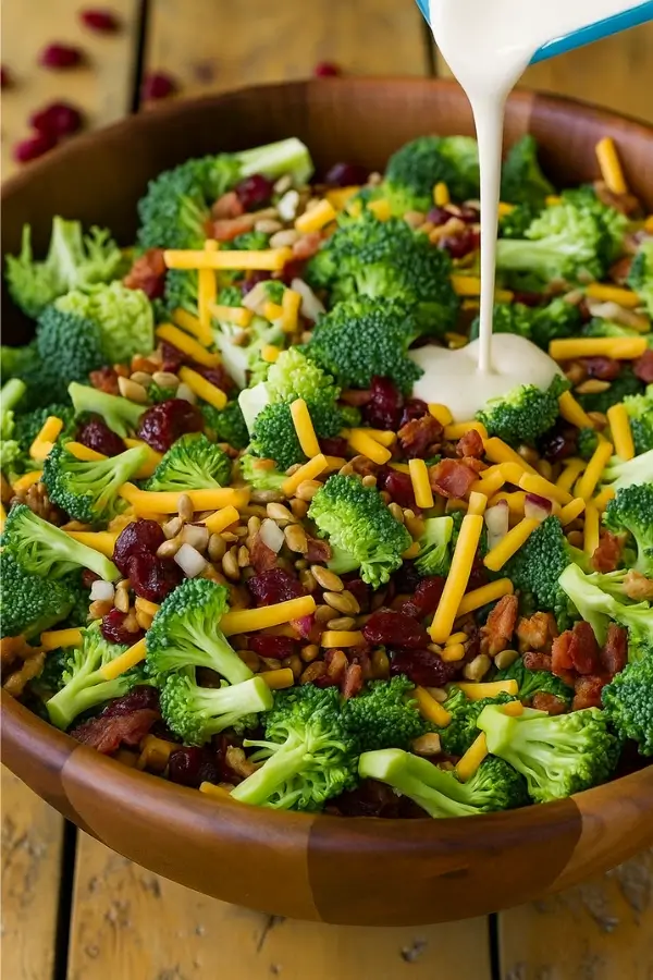 Pouring creamy dressing over broccoli salad mix