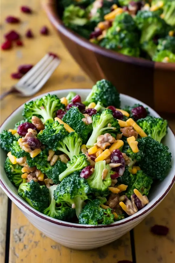 Broccoli salad served in a small bowl with fork in background