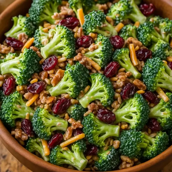 Close-up of broccoli salad with sunflower seeds and cranberries