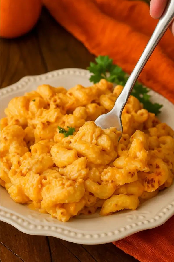 Buffalo chicken mac and cheese served on a white plate with a fork lifting a cheesy bite.
