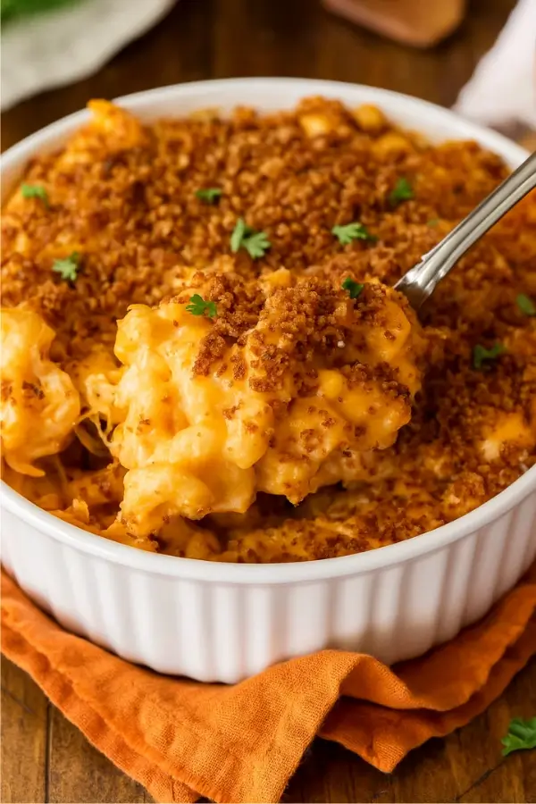 Spoon lifting buffalo chicken mac and cheese from a white baking dish with breadcrumb topping.
