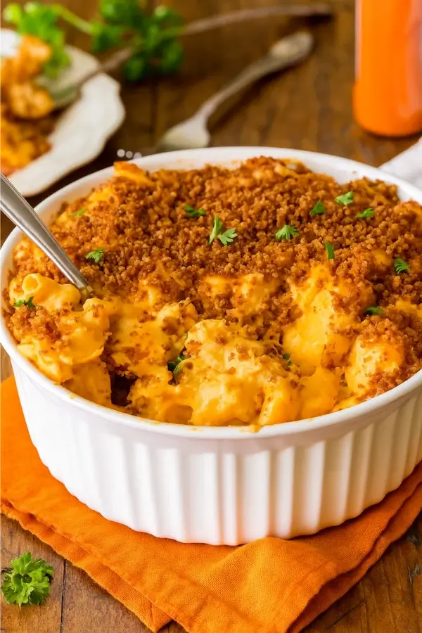 Buffalo chicken mac and cheese in a white baking dish on an orange napkin.