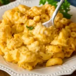 Close-up of buffalo chicken mac and cheese served on a white plate with a fork.