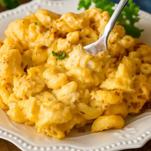 Close-up of buffalo chicken mac and cheese served on a white plate with a fork.