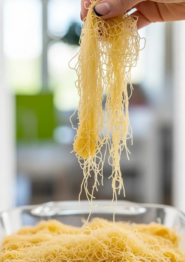 Hand lifting fresh homemade kataifi pastry strands from glass bowl