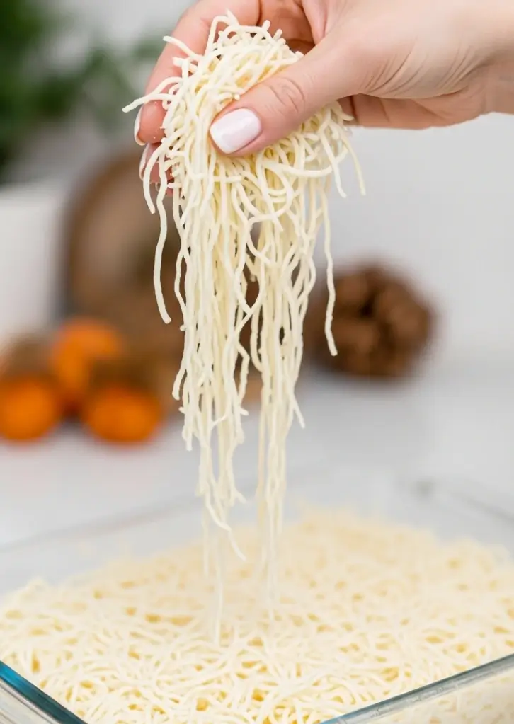 Hand lifting uncooked kataifi pastry strands from glass dish