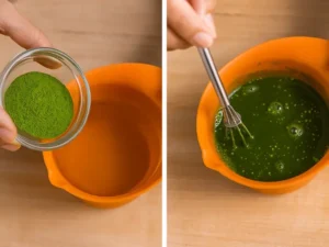 Matcha powder being added and whisked into warm water